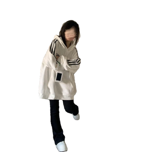 国潮拼接条纹小个子连帽卫衣女秋冬季加绒美式hiphop高街情侣外套