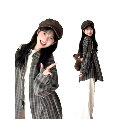 咖灰色复古格子衬衫外套女春秋季