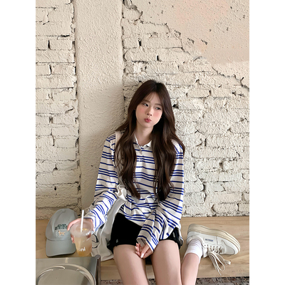 韩系慵懒风蓝条纹polo领长袖t恤