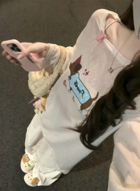 白色腊肠小狗印花防晒罩衫长袖T恤女夏季甜辣宽松显瘦慵懒风上衣