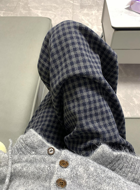 黑灰色加绒格子裤子女秋冬2024新款高腰休闲直筒宽松小个子阔腿裤