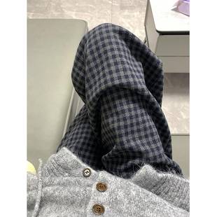 黑灰色加绒格子裤子女秋冬2024新款高腰休闲直筒宽松小个子阔腿裤