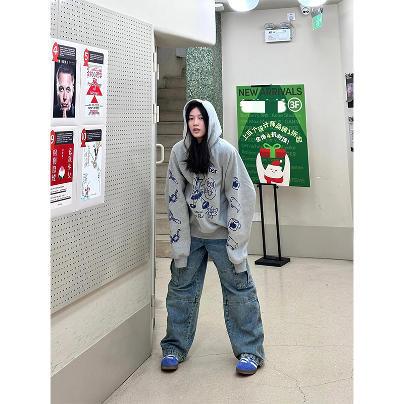 甜酷涂鸦趣味手绘连帽卫衣女秋冬2025新款加绒加厚宽松慵懒风外套