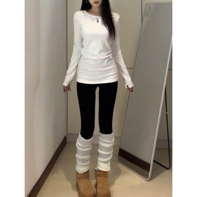 白色基础辣妹圆领长袖t恤女秋冬