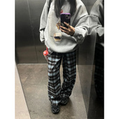 宽松加绒加厚慵懒直筒阔腿运动裤 女秋冬季 复古高腰格子休闲裤 美式