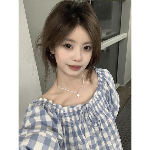 木耳边甜美短袖格纹衬衫女夏季