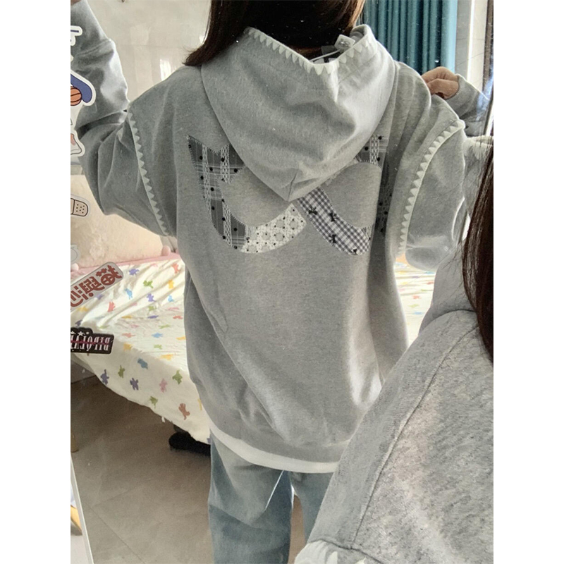 国潮牌美式重工贴布刺绣连帽卫衣女2024秋冬新款oversize加绒外套