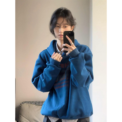 美式复古深蓝色印花连帽卫衣女秋