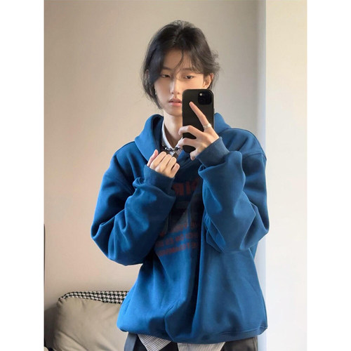 美式复古深蓝色印花连帽卫衣女秋