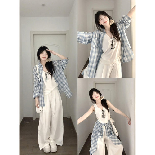韩系减龄长袖格子衬衫女春夏2026