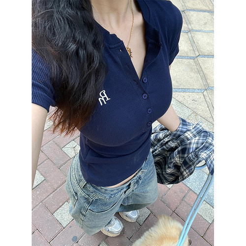 美式复古半开领纽扣短袖t恤女夏