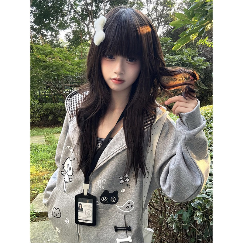 日系宅萌卡通猫咪格子拼接外套女秋冬加绒加厚设计感宽松拉链卫衣