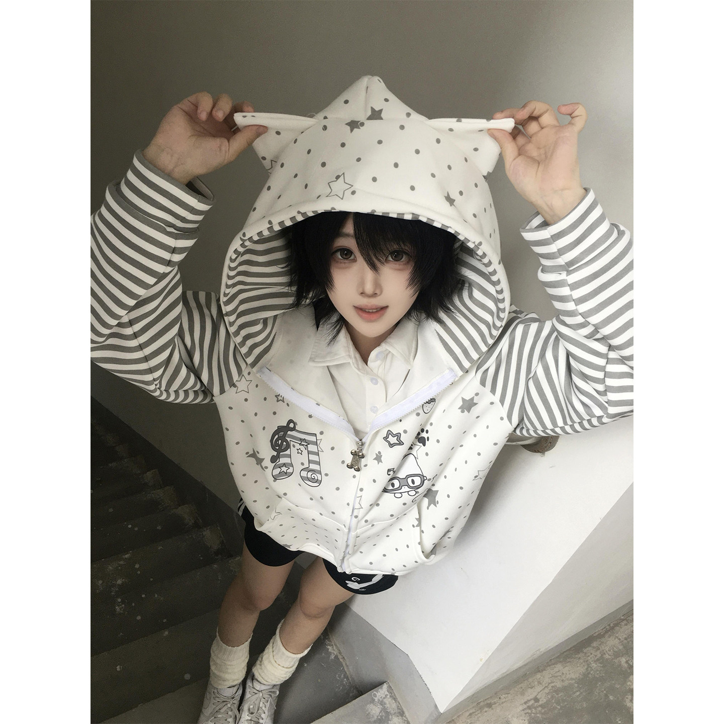 日系可爱星星波点耳朵连帽开衫卫衣女春秋新款宽松慵懒风条纹外套