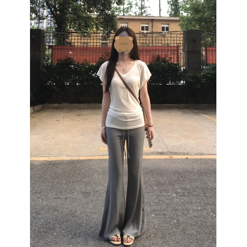 纯色简约中长款v领短袖t恤女夏季