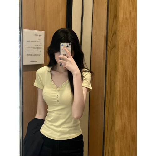 奶黄色v领正肩短袖t恤女夏季2026