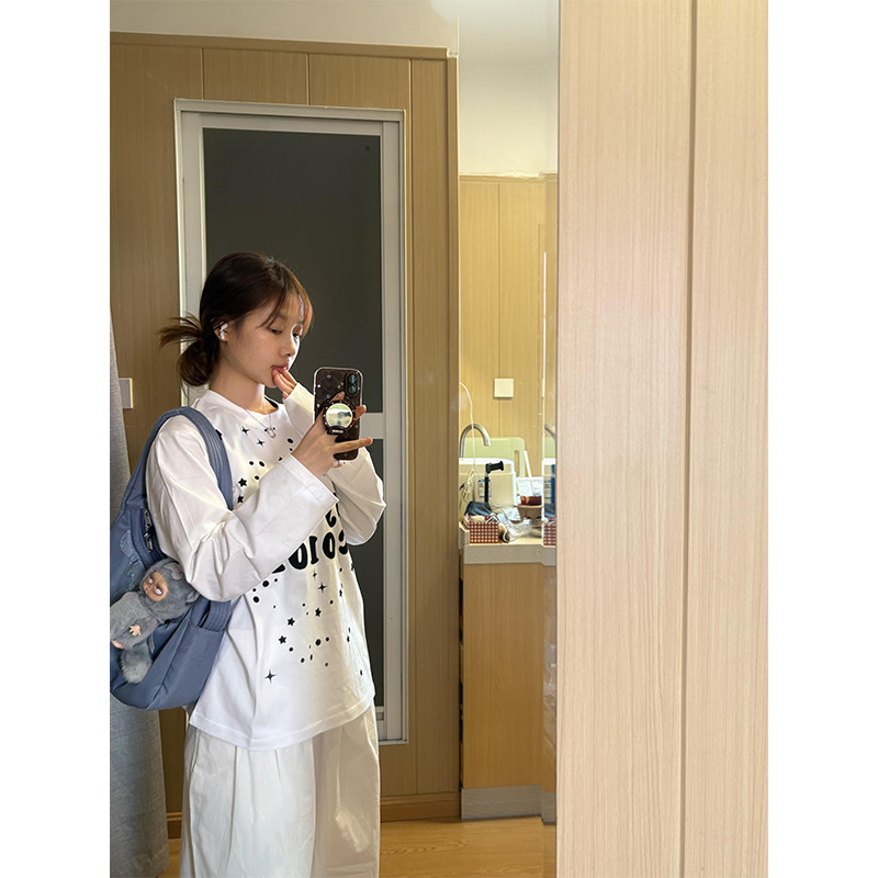 美式星星字母印花圆领长袖t恤女春季慵懒宽松内搭纯棉打底衫上衣,女装/女士精品,T恤,淘宝优惠券,粉丝福利购,淘宝优惠卷