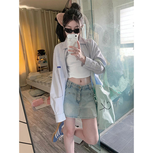 蓝色条纹polo领衬衫女夏季2024