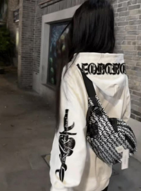 美式连帽oversize潮牌白色卫衣女春秋冬2025新款情侣宽松长袖上衣