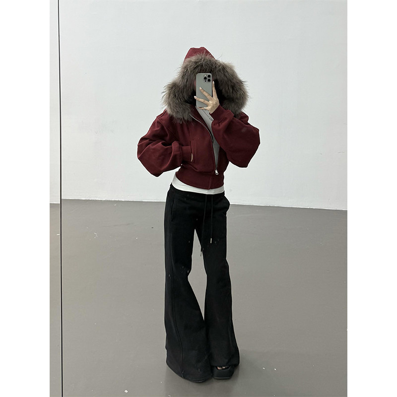 American Retro Red Hooded Fur Collar Short Sweatshirt Jacket for Women in Autumn and Winter Fleece-Lined Waist Slimming Look Versatile Top