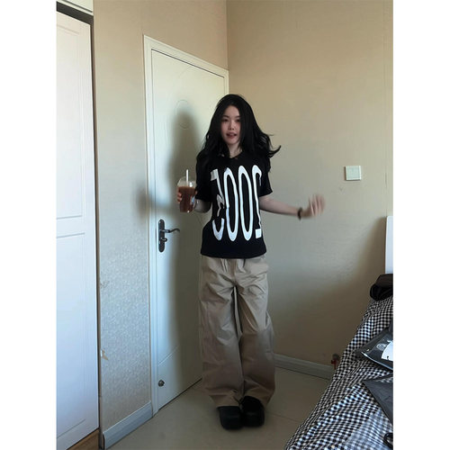 美式复古数字印花圆领短袖t恤女