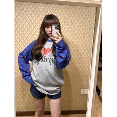 字母印花图案拼色插肩长袖t恤女