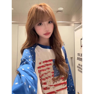 新款 美式 t恤女春季 长袖 宽松套头休闲百搭上衣 复古撞色星星插肩袖