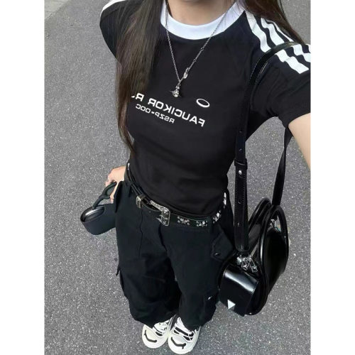 美式复古织带撞色印花短袖t恤女