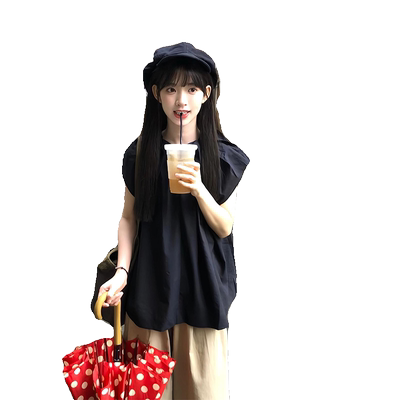 花苞领小飞袖黑色衬衫女夏季2024
