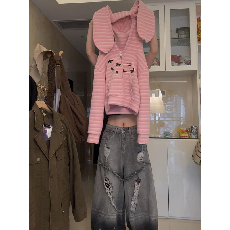 甜酷风兔耳朵条纹连帽卫衣女春秋