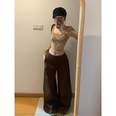 美式辣妹格纹网纱U领长袖t恤女秋