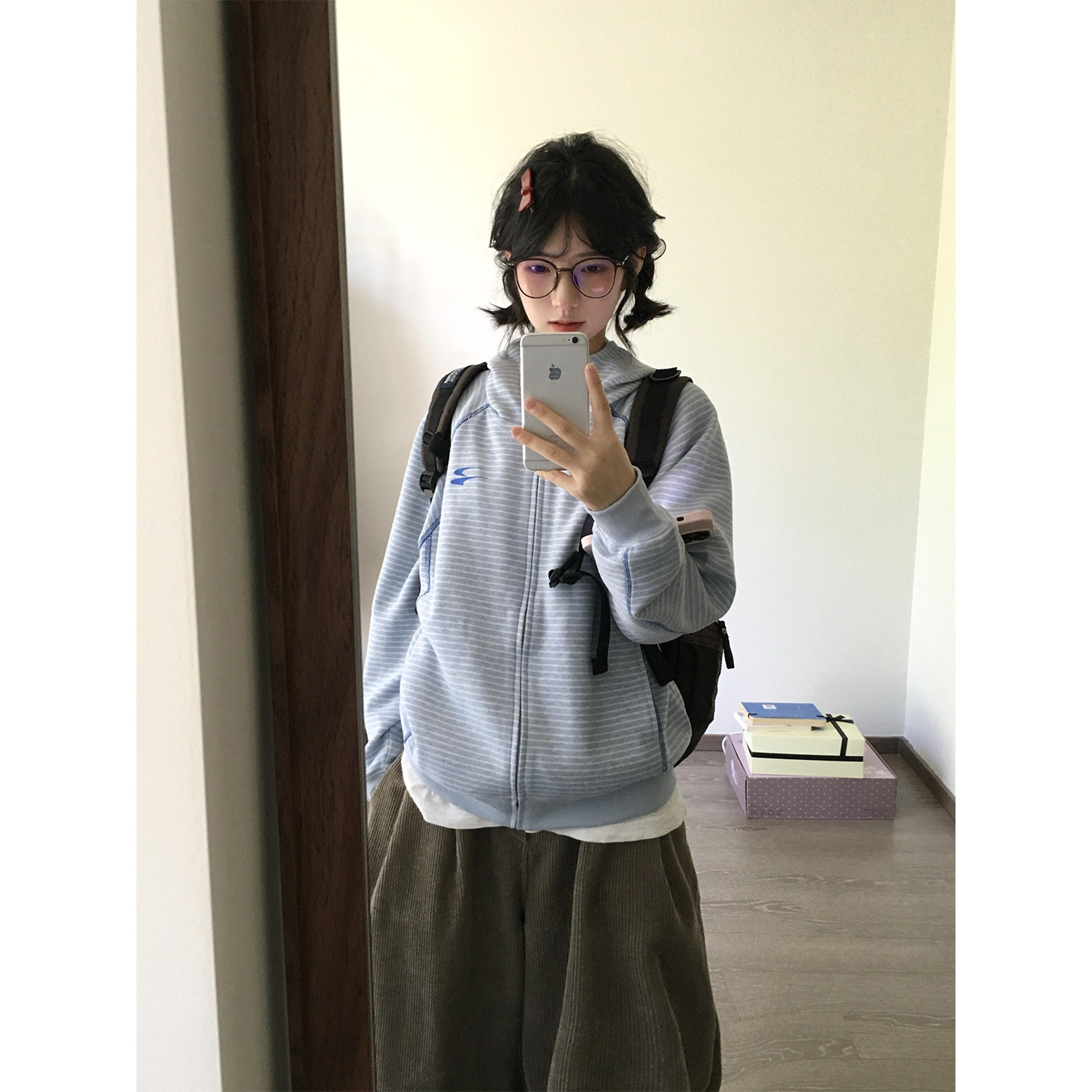 连帽哈苏线条纹运动开衫卫衣女春秋新款休闲宽松显瘦情侣拉链外套