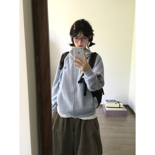 哈苏线条纹运动连帽开衫卫衣女秋
