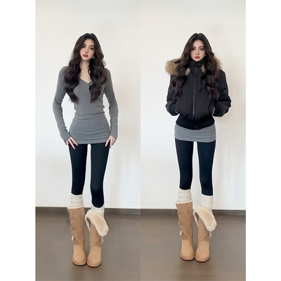 灰色v领中长款遮屁股打底衫女冬