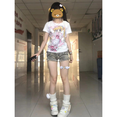 亚文化可爱印花正肩白色短袖t恤