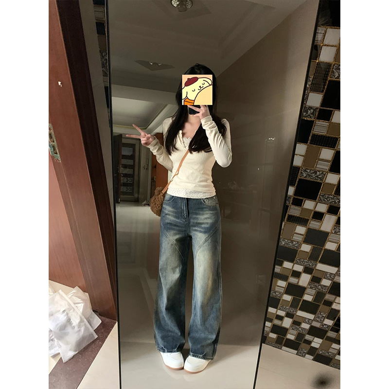 美式复古宽松直筒牛仔裤女春季