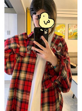 美式刺绣红色格子衬衫女长袖宽松春秋高街设计感小众薄款衬衣外套