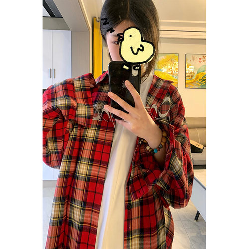 美式刺绣红色格子衬衫女长袖春秋