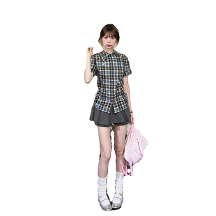 法式复古刺绣格纹短袖衬衫女夏季设计感小众别致chic港味衬衣上衣