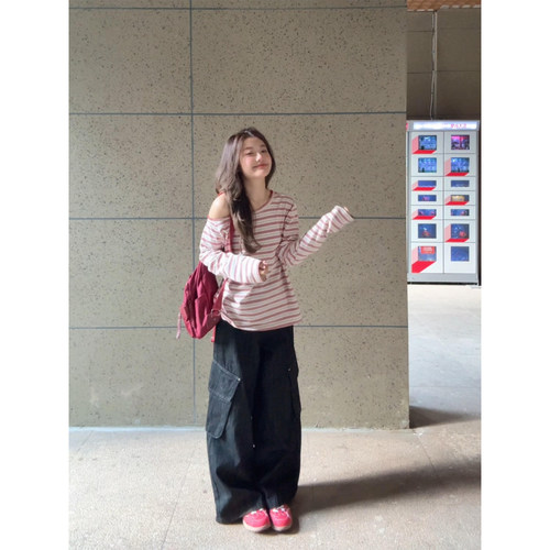 美式红色斜肩条纹长袖t恤女夏季