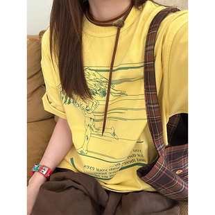 t恤女夏季 2024新款 复古黄色短袖 美式 宽松显瘦百搭高级感正肩上衣