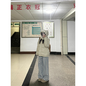 加绒加厚蓝色毛呢格子裤 女秋冬高腰显瘦休闲宽松慵懒风直筒阔腿裤