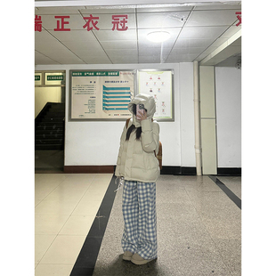 加绒加厚蓝色毛呢格子裤女秋冬高腰显瘦休闲宽松慵懒风直筒阔腿裤