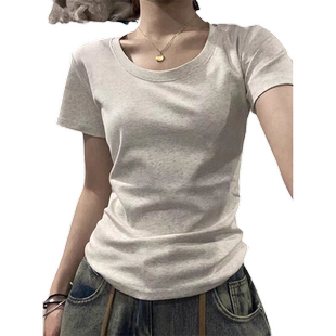 美式正肩U领设计感短袖t恤女夏季新款纯棉修身辣妹显瘦基础款上衣