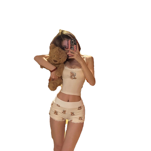 美式辣妹小熊吊带背心女夏季休闲短裤外穿甜辣风居家纯欲两件套装