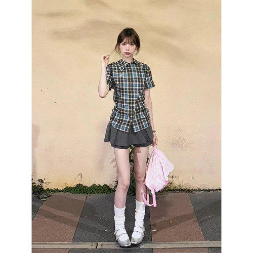 法式复古刺绣格纹短袖衬衫女夏季