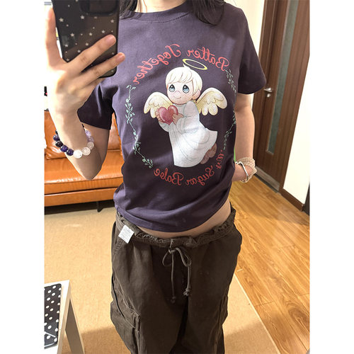 美式复古紫色小天使正肩短袖t恤