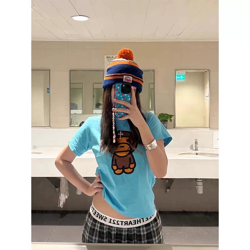 thumbnail for American cartoon monkey shoulder short sleeve T-shirt women's summer cotton slim slim hot girl super good-looking cropped top