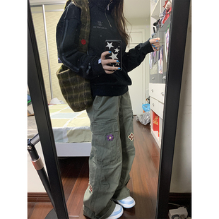 美式复古多口袋花朵刺绣工装裤女春季宽松休闲慵懒直筒阔腿伞兵裤