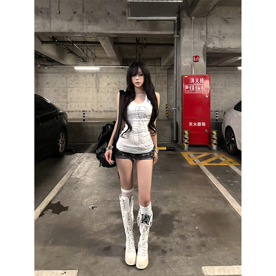 美式辣妹风十字花体印花背心女夏