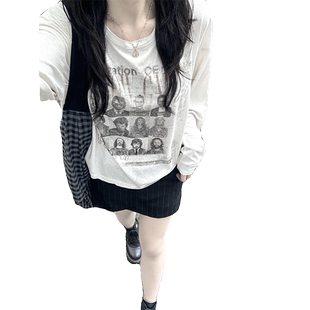 美式复古乐队歌手印花长袖t恤女夏薄款防晒罩衫宽松显瘦遮肉上衣